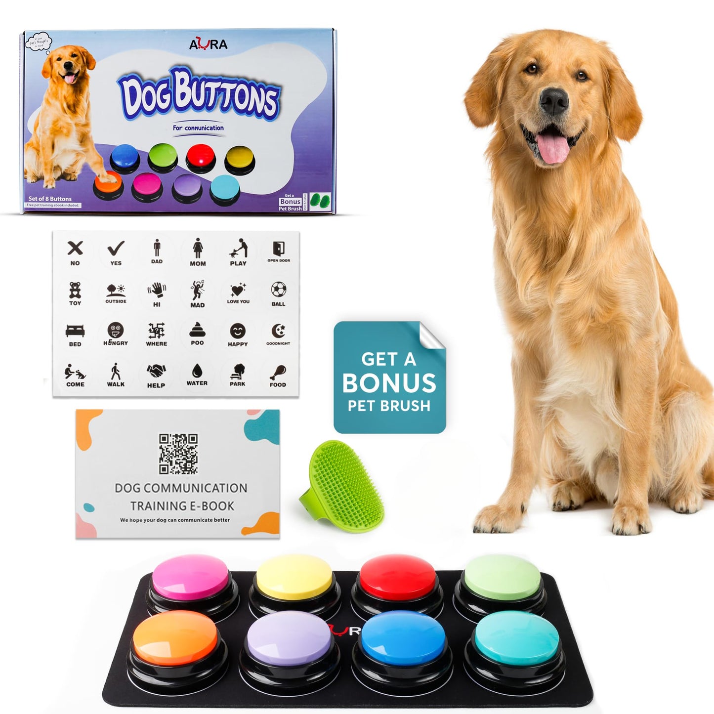 A-URA Dog Buttons for Communication with Mat - Bonus Dog Brush & Ebook – HD Sound Quality Dog Talking Button Set – Non-Slip Back Mat Dog Buttons Talk for Training Pet Talking buttons for dog (8pack)