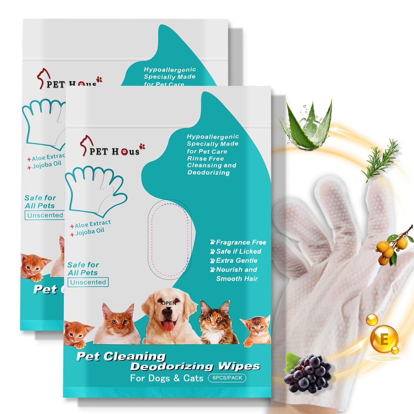 PET Hous Dog Glove Wipes Dog Wipes for Paws and ButtCleaning & Deodorizing Grooming Glove Wipes for cat Pet Cleaning Wipes Gentle - Hypoallergenic Daily Clean Smooth Fur -12PCS