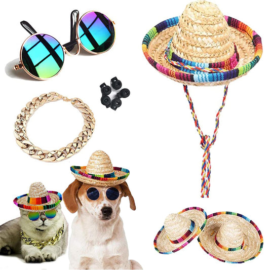 Pet Hat Dog Hat Mini Sombrero Mexican Hats Classic Retro Pet Sunglasses and Adjustable Pet Chain Pet Photo Suit Pet Supplies for Small Dog and Cat (Straw Hat)