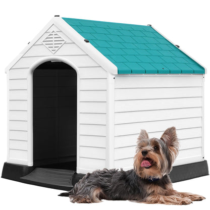 DWVO Robust Weatherproof Dog House Indoor & Outdoor Safe Haven for Small to Medium Dogs Easy Assembly & Cleaning (28.5L*26W*28H Blue)