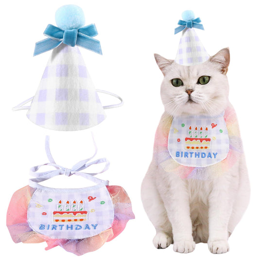 2Pcs Pet Happy Birthday Hat Scarf Set Cute Embroidered Cat Bandana Outfit Pet Bowknot Cone Hat Cat Plaid Pattern Princess Costumes Dog Lace Bib Pet Party Supplies Decoration (Blue)