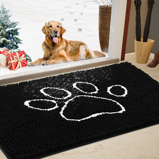 Dog Door Mat for Muddy Paws Pet Rug Chenille Absorbent Outdoor Doormat 36"x 24" Non Slip Heavy Indoor Doormat Soft Front Inside Doormat for Entryway Mud Paws Patio Dog Paw Black