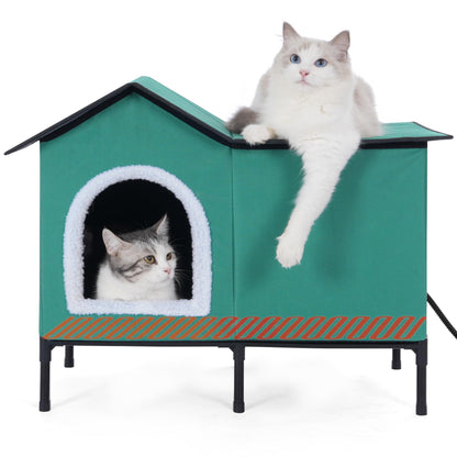 Elevated Heated Cat House for Outdoor Cat in WinterWinter Heated Cat House Shelter for Outside Feral Cat Insulated Feral Cat House Warm Home for Outside Stray Barn Cat (Green Large)