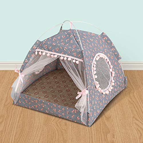 Grey Pet Dog & Cat Tent, Summer Cooling Dog House Kennel with Removable Washable Cushion Pillow, Portable Folding Puppy Bed, Cozy Pet Playpen