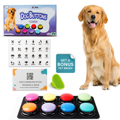 A-URA Dog Buttons for Communication with Mat - Bonus Dog Brush & Ebook – HD Sound Quality Dog Talking Button Set – Non-Slip Back Mat Dog Buttons Talk for Training Pet Talking buttons for dog (8pack)