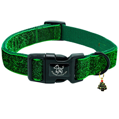 Elegant little tail Glittering Dog Collar Christmas Cute Girl Boy Pet Collar Winter Green Bling Dog Collar with Durable Cotton Webbing Adjustable Dog Collars for Medium Dogs