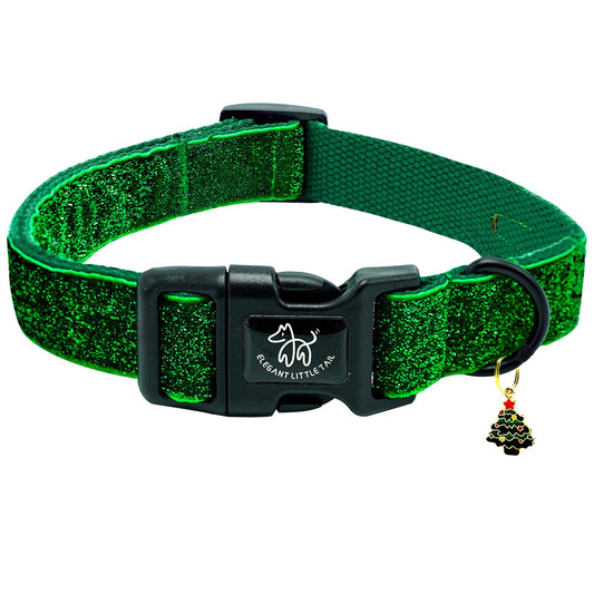 Elegant Little Tail Glittering Dog Collar Christmas Cute Girl Boy Pet Collar Winter Green Bling Dog Collar with Durable Cotton Webbing Adjustable Dog Collars for Medium Dogs