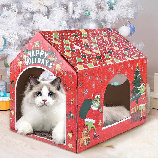 Christmas Cat House Cardboard Cat House for Indoor Cats with Scratcher Pad Xmas Cat Cardboard House Multi-Purpose Cat Houses for Cat Birthday Christmas Decorations