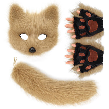COSYEARS Cat Fox Mask Tail and Paws Gloves Set Furry Animal Therian Kit Masquerade Halloween Cosplay Costume Accessory