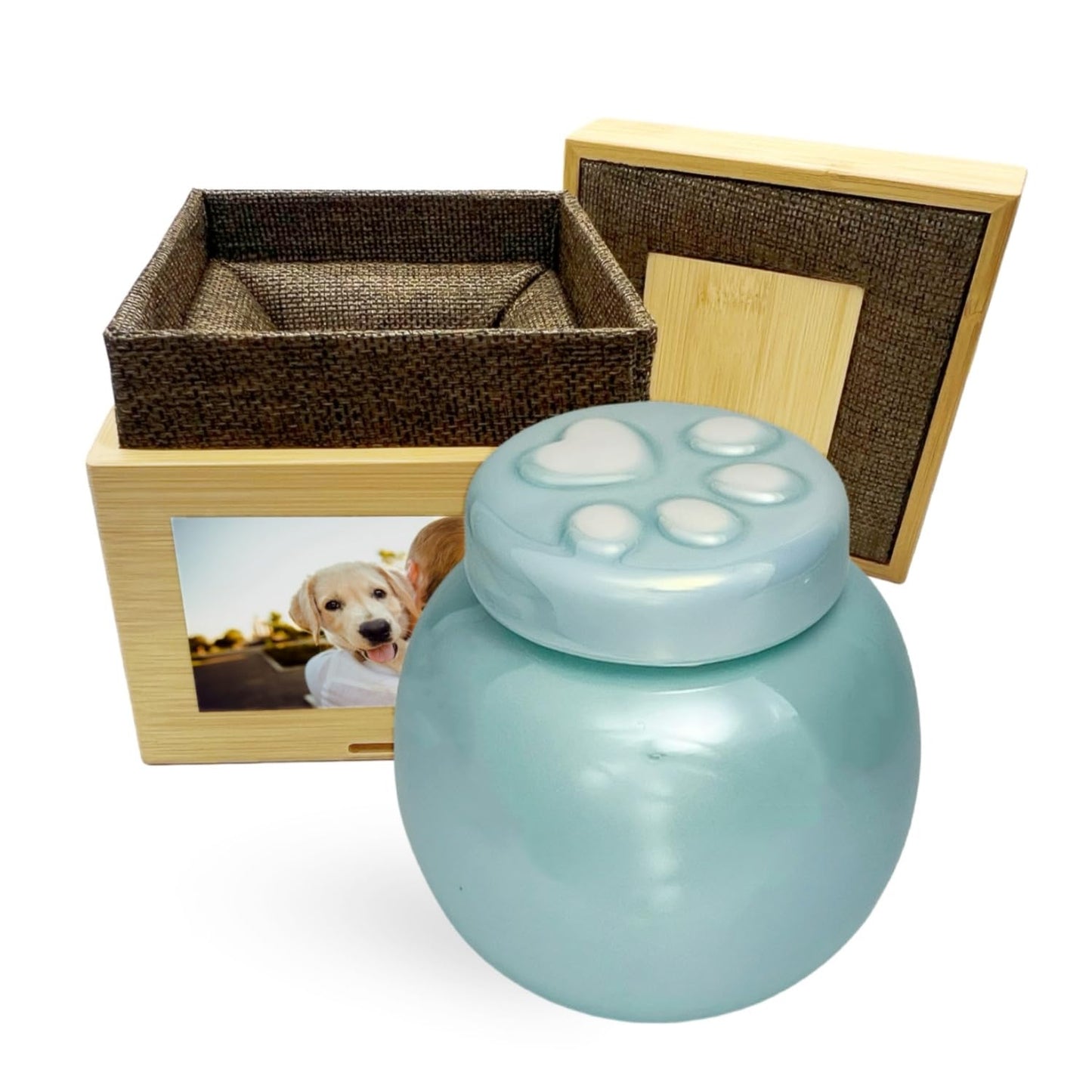 HyniCyne Small Ceramic Pet Urn for Dog and Cat| Urn for Cat Ashes & Fur Keepsake | with Box and Photo Holder | Paw Decorative | Pet Memorial Gift Dog Cat | Pet Gift for Family